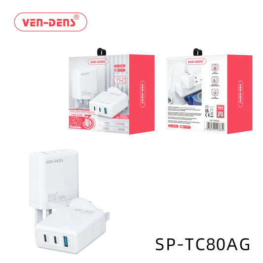 Ven-Dens SP-TC80AG 65W GaN Charger USB & Type-C 3 in 1 Multi Port Charger Plug
